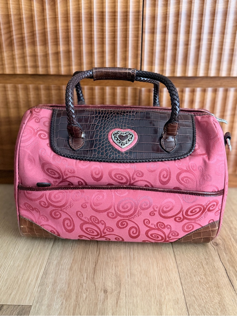 VTG Brighton Cherry Rose Travel Duffel Bag Croc Leather Trim Weekender Duffle